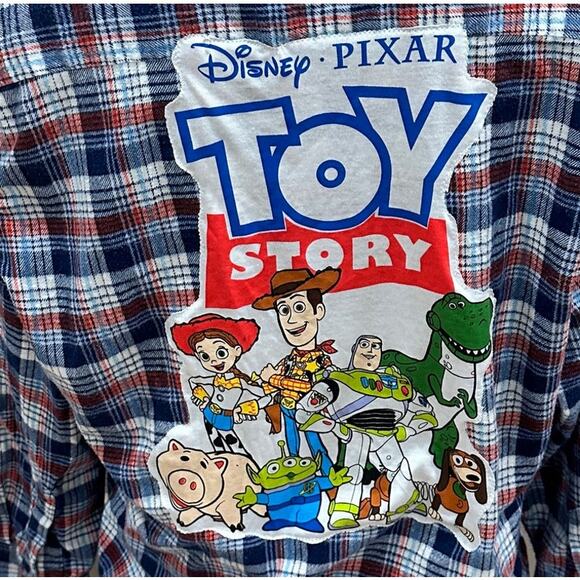 Toy Story Plaid Flannel Shirt LARGE Oversized Unique Woody Buzz Lightyear Disney - Picture 2 of 7